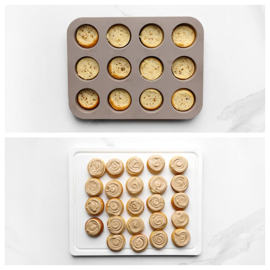 Snijd indien nodig het bolle gedeelte van de cakejes af zodat de bovenkant mooi vlak is. Spuit vervolgens een laag hazelnootpasta op de afgekoelde cakejes.