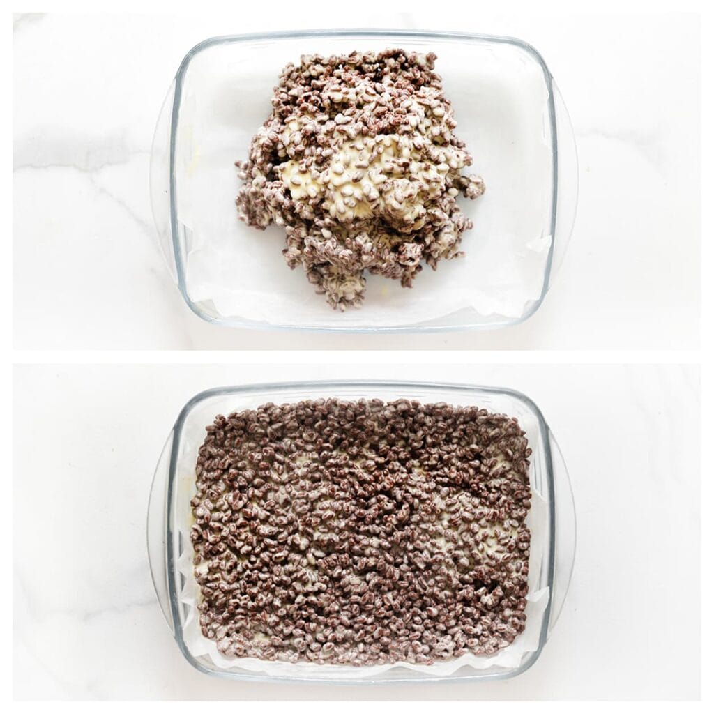 Verdeel dit mengsel gelijkmatig over een schaal en druk stevig aan.