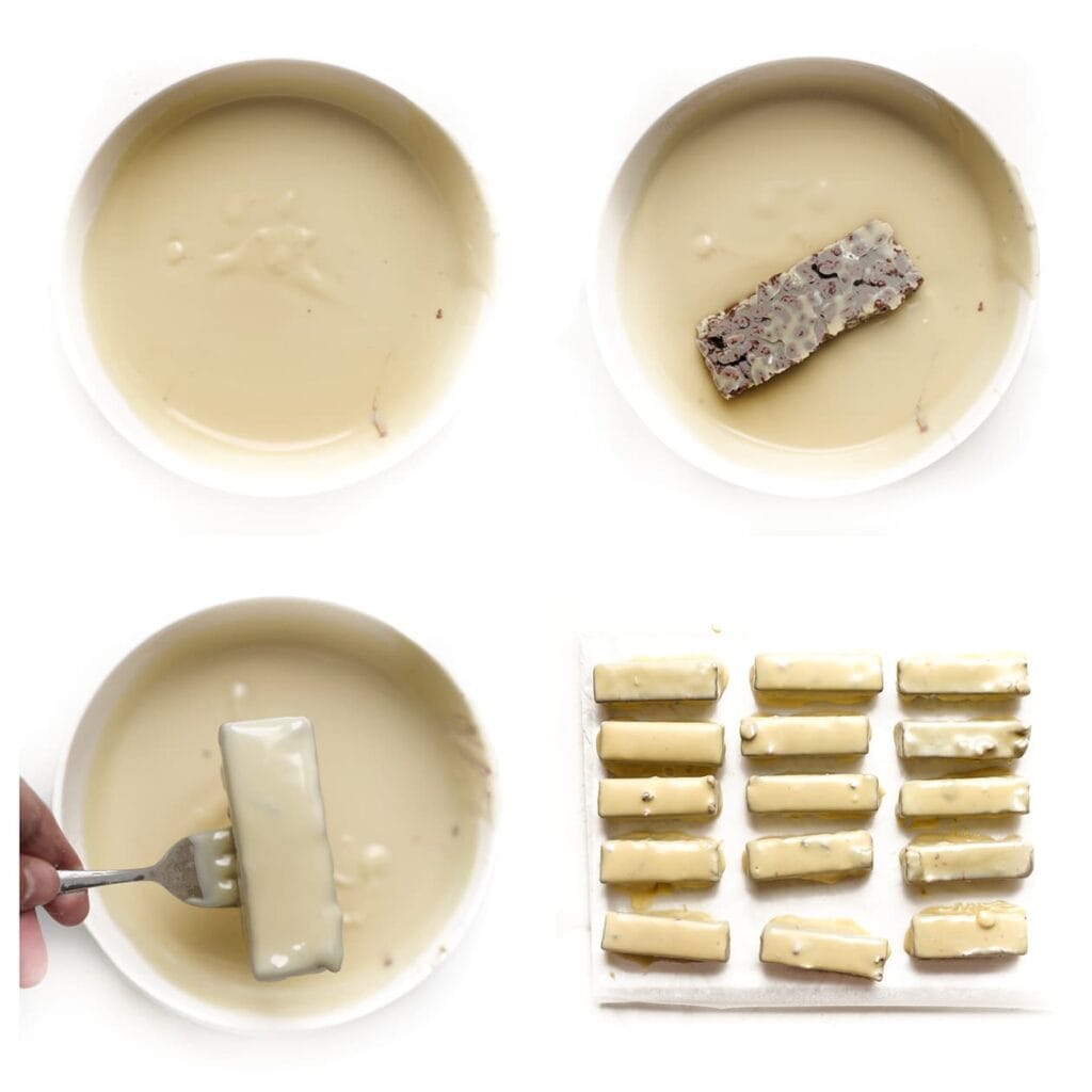 Haal de stukken door de gesmolten witte chocolade en leg ze op een vel bakpapier.