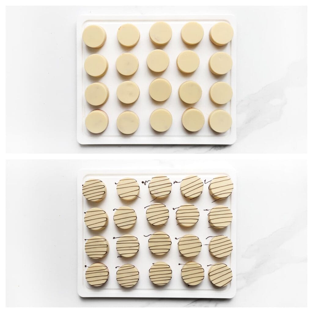 Maak dunne lijntjes over de hazelnootcakejes voor een mooie afwerking.