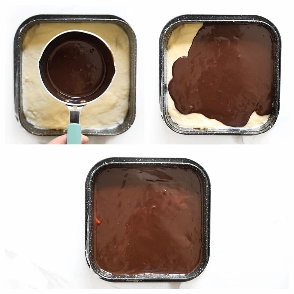 Verdeel de ganache gelijkmatig over de gele room. Dek de cake af en zet in de koelkast om op te stijven, bij voorkeur een nacht.