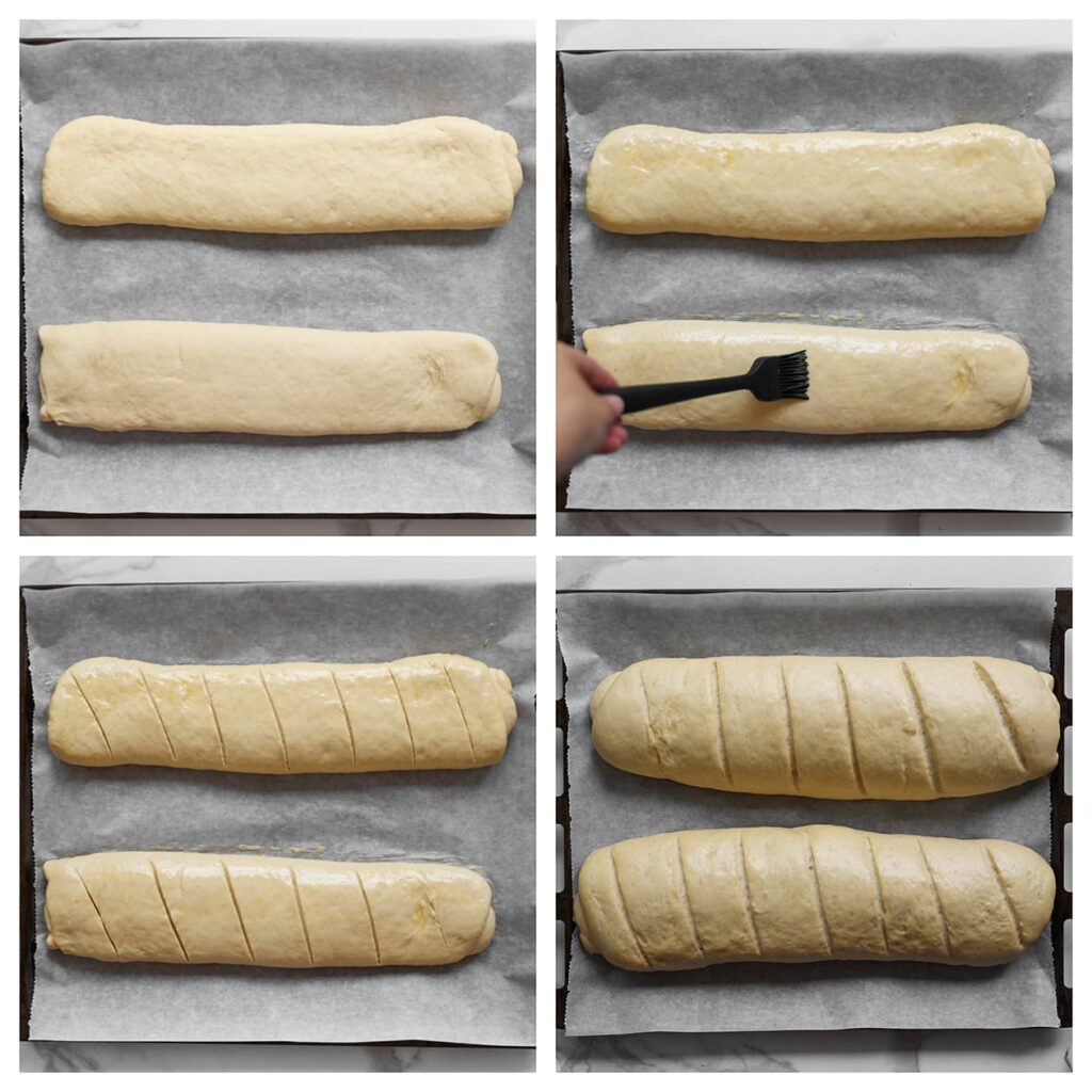 Leg het deeg op een met bakpapier beklede bakplaat. Bestrijk de bovenkant van de broodjes met losgeklopt ei voor een mooie glans. Maak een paar sneetjes aan de bovenkant en laat ze 30 minuten rijzen, of totdat ze in omvang zijn verdubbeld.