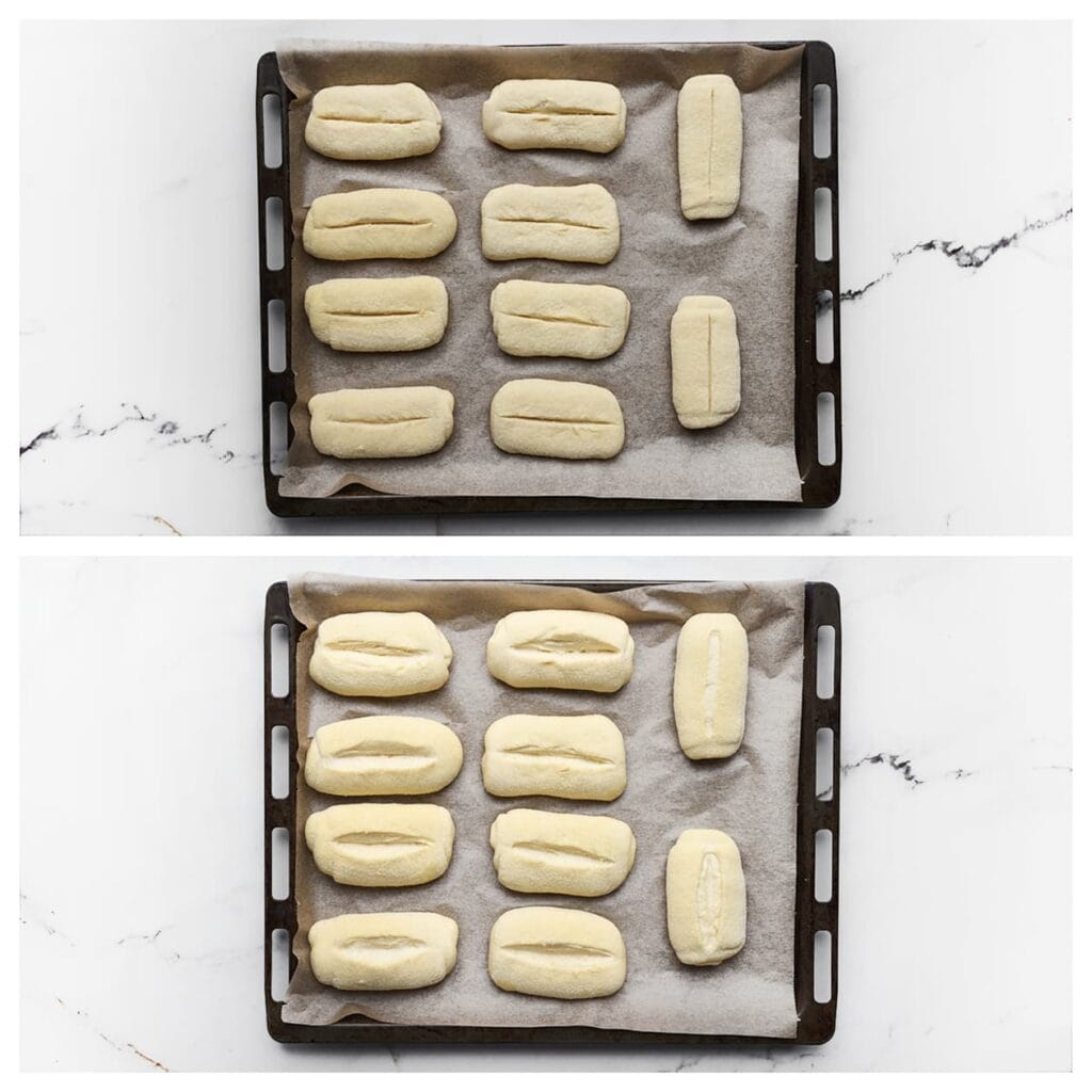 Leg de broodjes op een met bakpapier beklede bakplaat. Maak met een scherp mes een snee in het midden. Laat ze afgedekt rusten tot ze luchtiger en groter zijn.