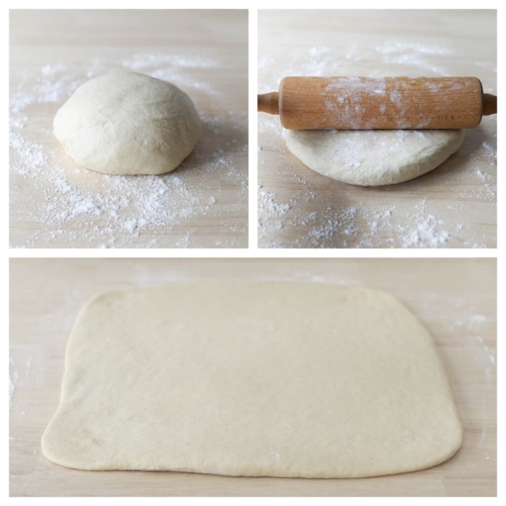 Haal de lucht uit het deeg. Bestuif je werkplek licht met bloem en rol het deeg uit tot een rechthoekige lap.