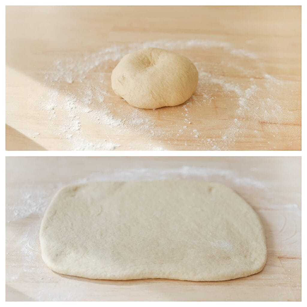 Bestuif je werkplek licht met bloem en rol het deeg uit tot een rechthoekige lap.