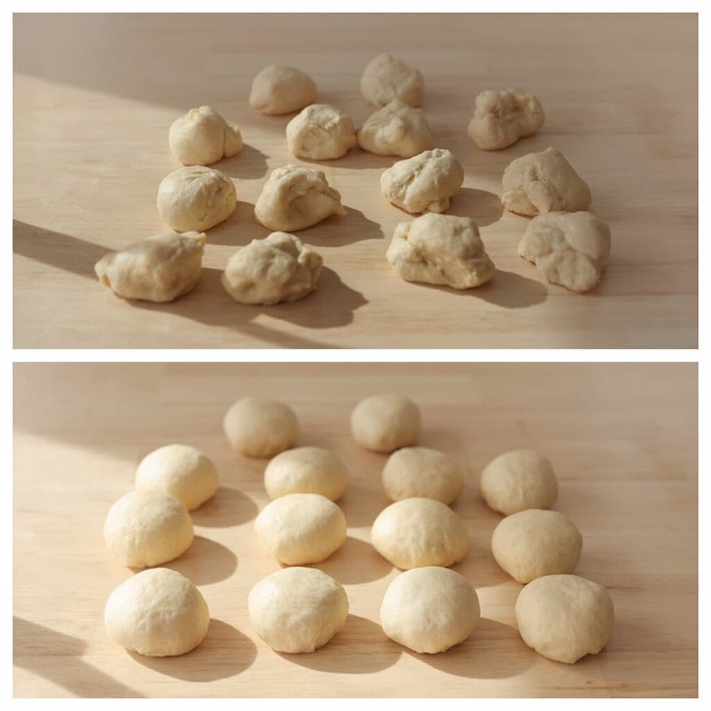 Druk de lucht uit het deeg en verdeel het in 14 gelijke stukken van ca. 60 g per stuk. Vorm tot bollen.