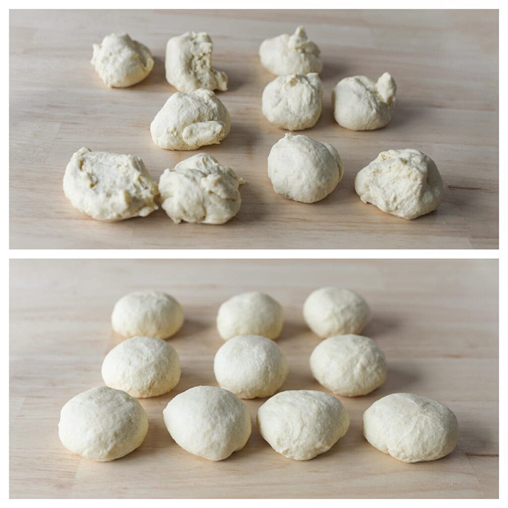 Druk de lucht uit het deeg en verdeel het in 10 gelijke stukken. Vorm er bollen van.