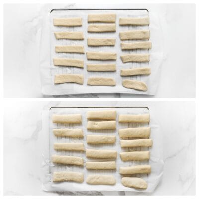 Leg de deegstukken op een met bakpapier beklede bakplaat. Laat nog 30 minuten rijzen, of tot het deeg in omvang is verdubbeld.