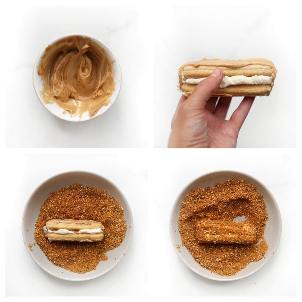 Besmeer de zijkanten van het gebakje met de biscoff-room. Giet wat melk in een kom. Dompel het gebakje kort in de melk en druk de zijkanten in het biscoff-hazelnootmengsel.