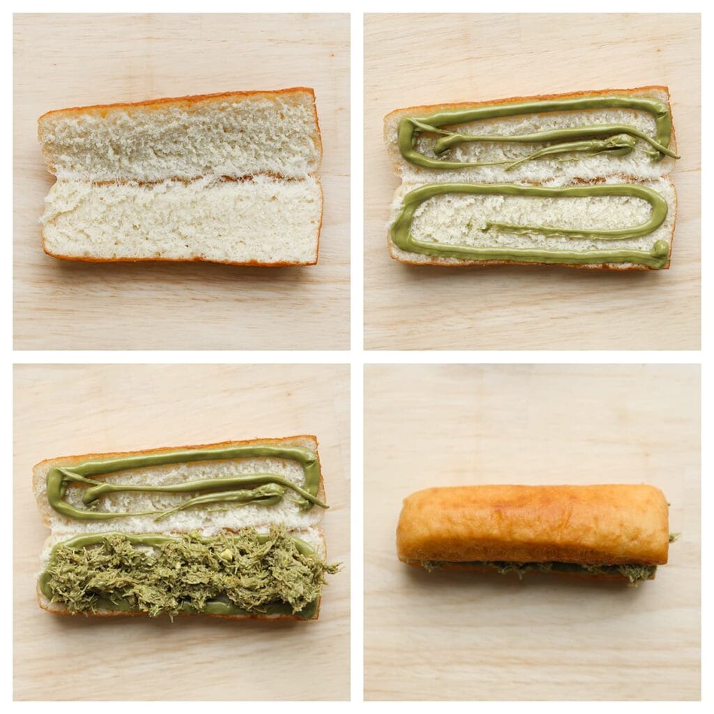 Snijd de donuts in de lengte doormidden. Spuit er wat pistachepasta op en verdeel er wat van het pistachemengsel over. Sluit de donuts.