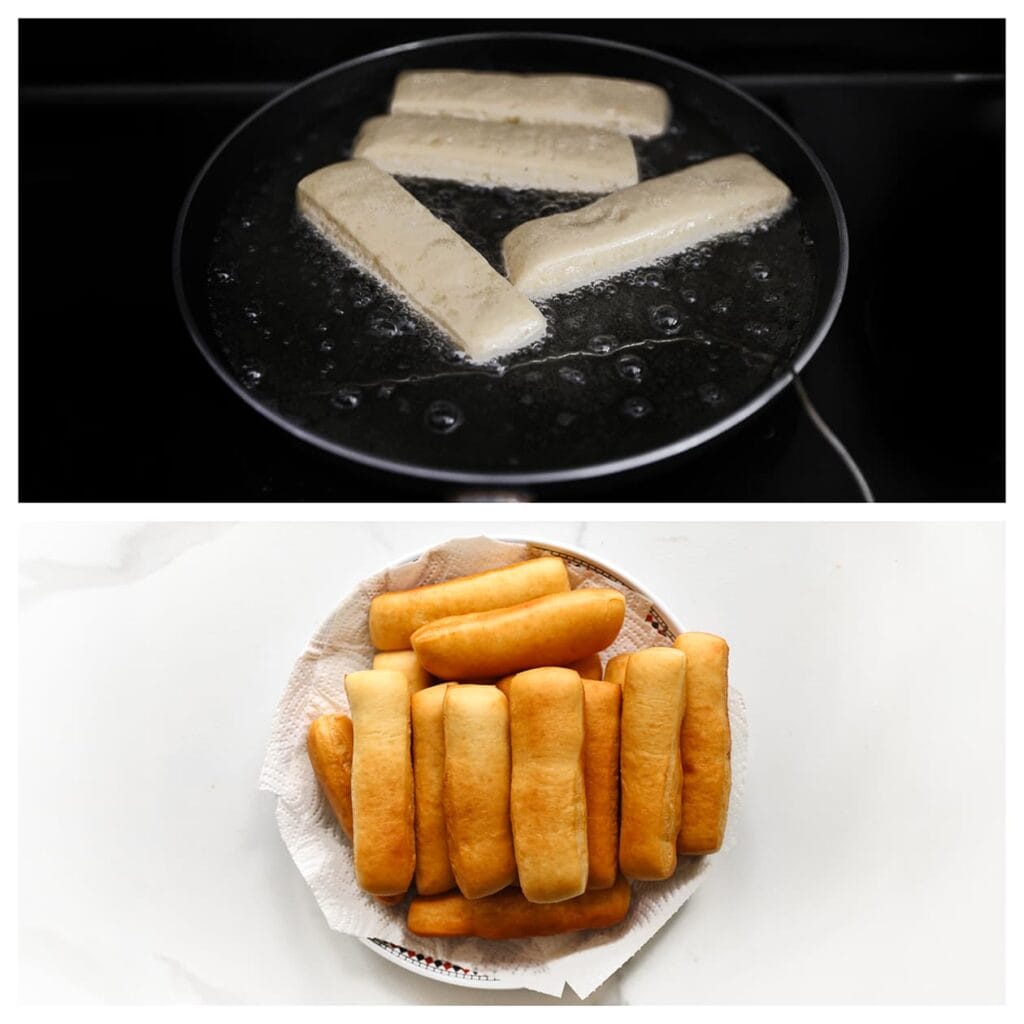 Verhit een laagje zonnebloemolie in een koekenpan tot 175 °C. Bak de long donuts aan beide zijden goudbruin. Laat uitlekken op keukenpapier.