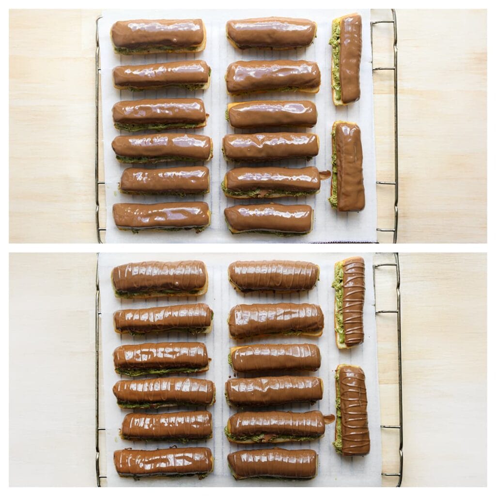 Haal de donuts door de chocolade en leg ze op een vel bakpapier. Garneer met extra pistachenoten en eventueel lijntjes gesmolten chocolade.