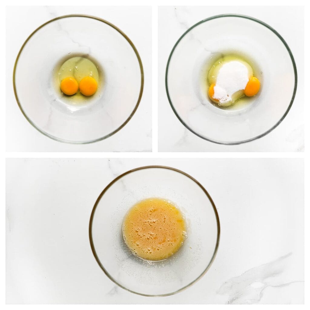 Breek de eieren boven een kom en voeg de kristalsuiker en vanillesuiker toe. Mix 5–7 minuten tot het mengsel licht en luchtig is.