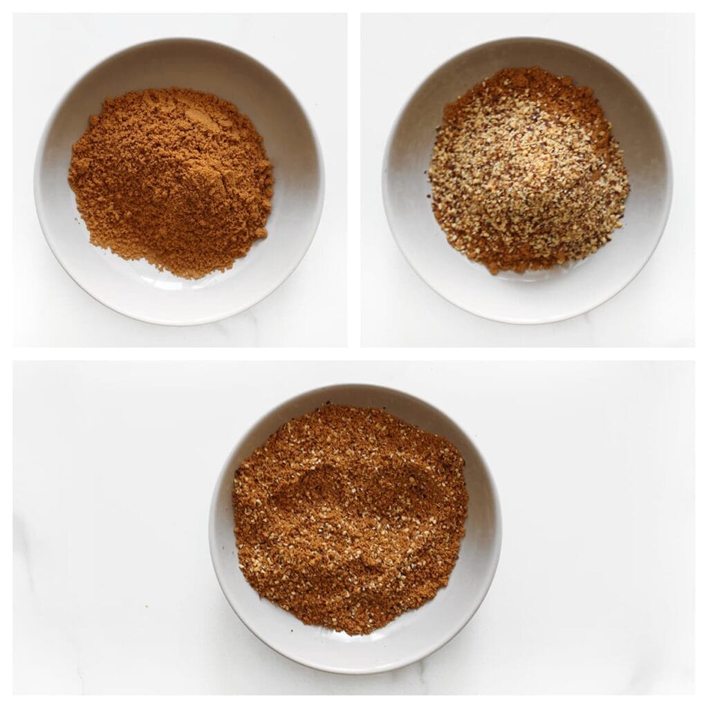 Doe de fijngemalen biscoff koek en gehakte hazelnoten in een kom. Meng goed.