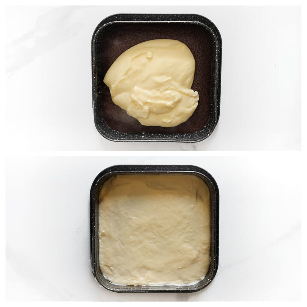 Verdeel de gele room gelijkmatig over de chocoladecake.