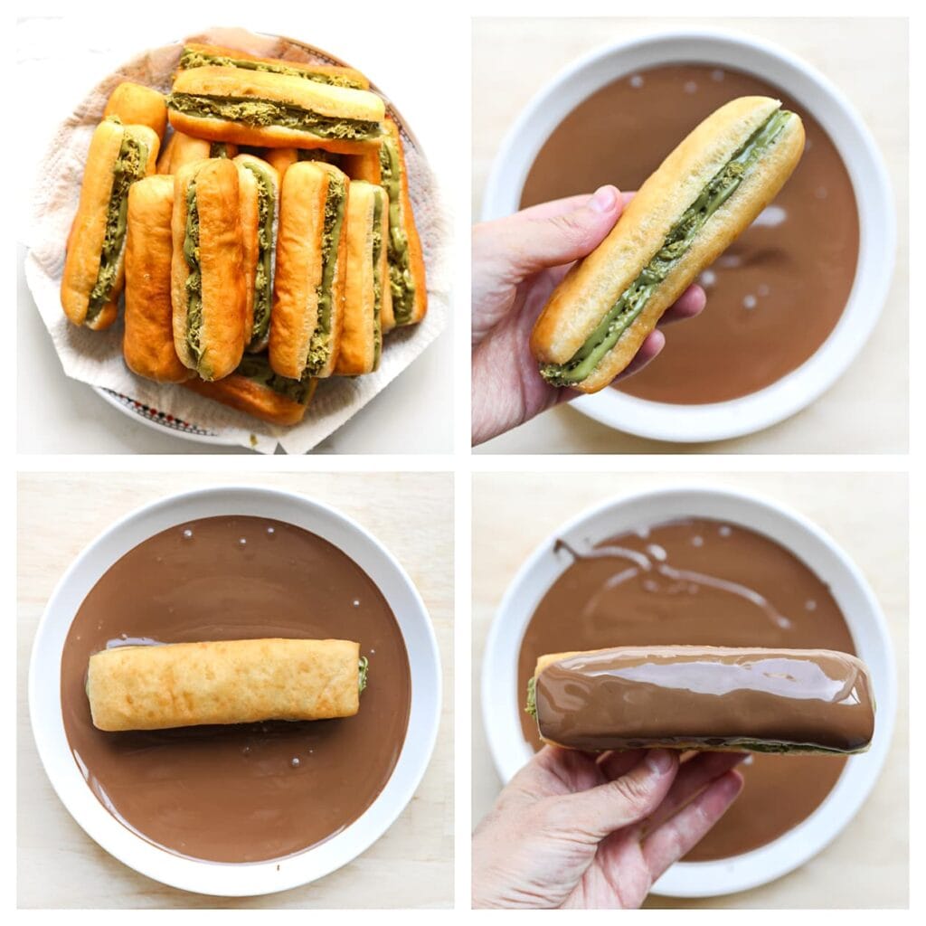 Haal de donuts door de chocolade en leg ze op een vel bakpapier. 