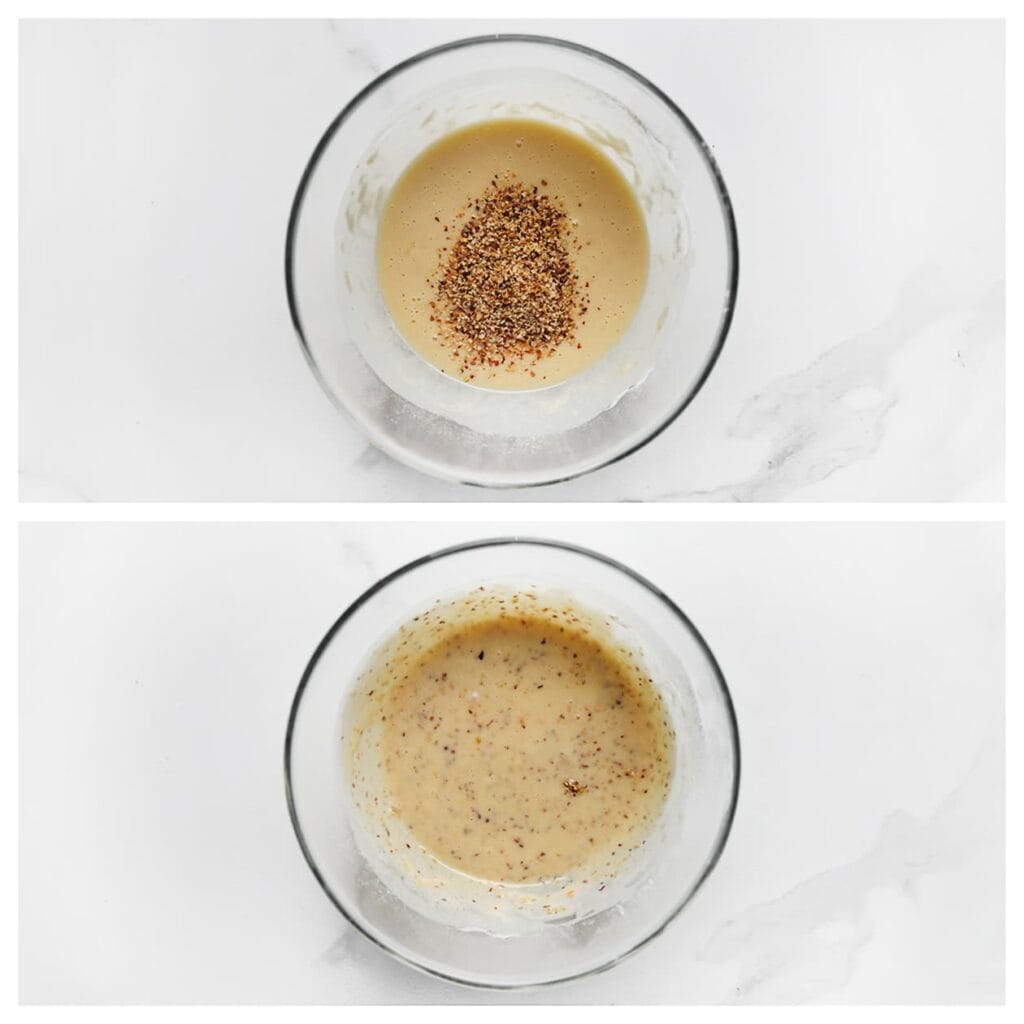 Voeg de gehakte hazelnoten toe en spatel ze luchtig door het beslag.