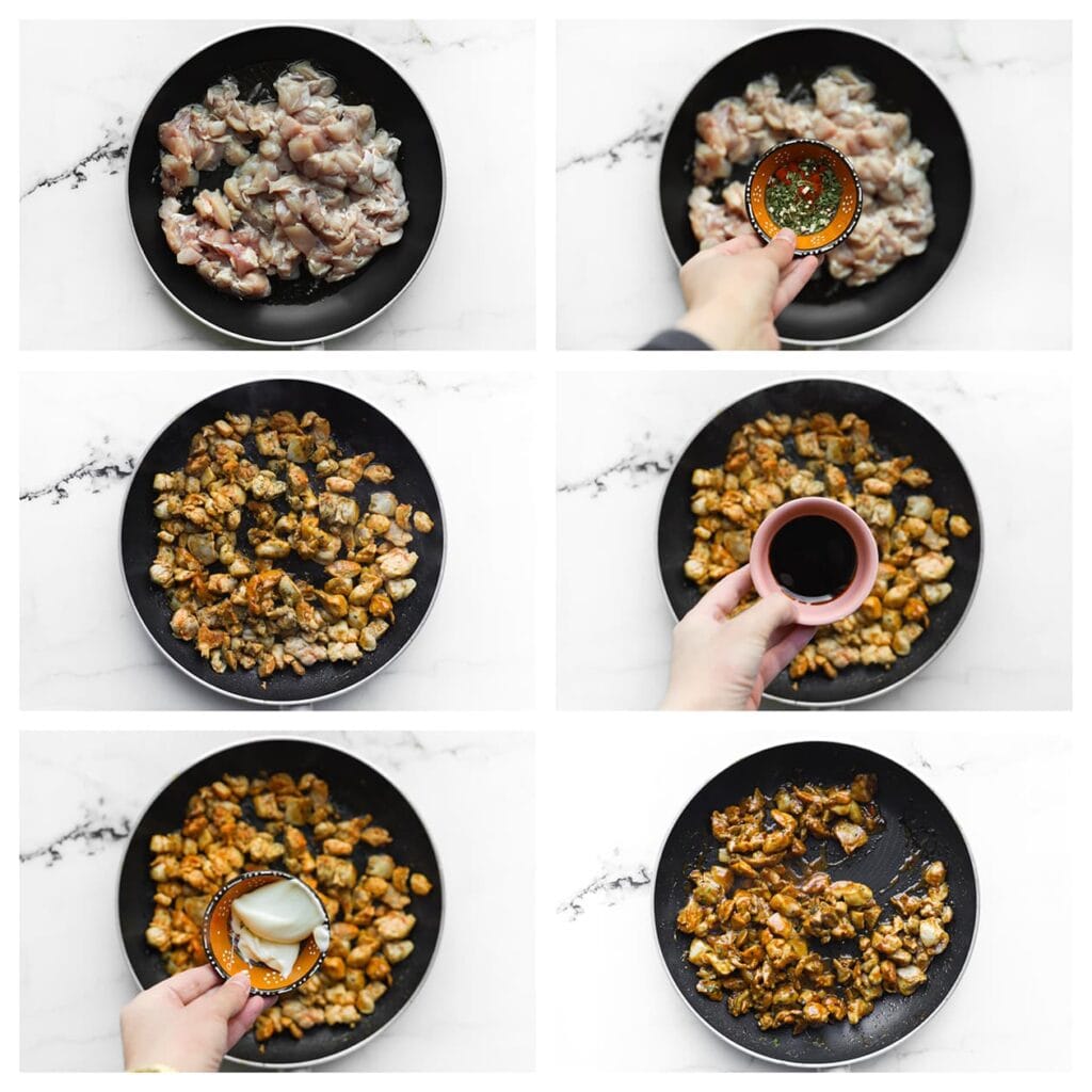 Verhit de olijfolie en bak de kippendijen met uienpoeder, cayennepeper, knoflookpoeder, bieslook en zout 5–6 minuten. Voeg de ketjap manis en smeerkaas toe en bak kort mee tot een smeuïg geheel.