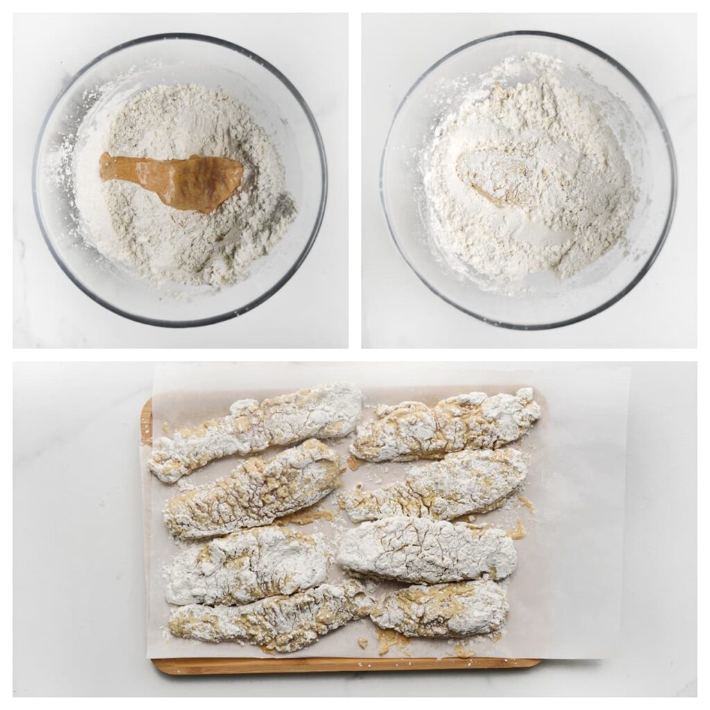 Haal de gemarineerde kip door de bloemmix zodat elk stukje volledig bedekt is.