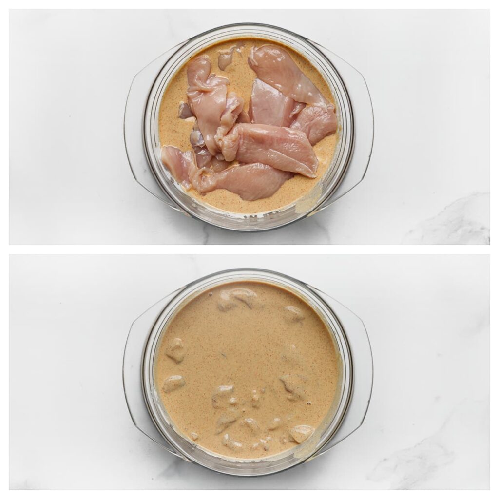 Snijd de kipfilet in plakken en voeg deze toe aan de marinade. Dek af en laat 30 minuten in de koelkast marineren.