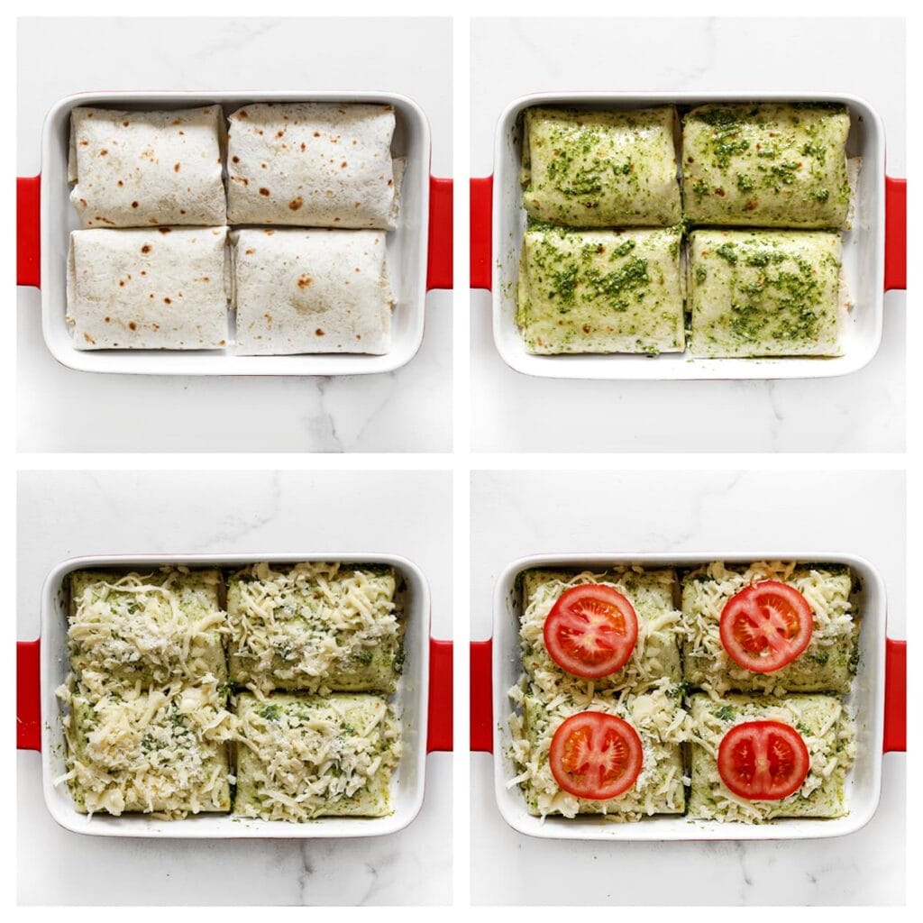 Leg de pakketjes in een ovenschaal. Bestrijk met pesto en bestrooi met geraspte kaas, Parmezaanse kaas en plakjes tomaat.