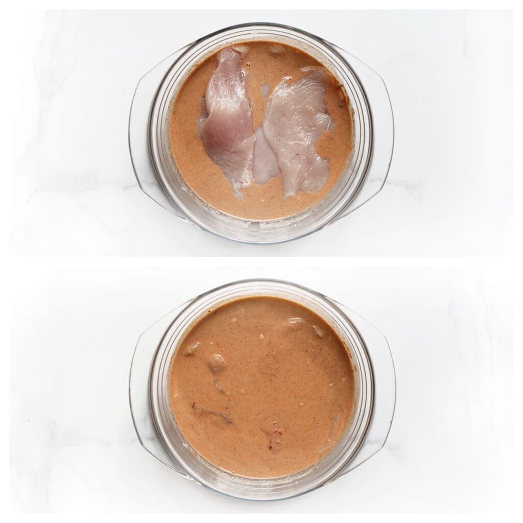 Snijd de kip in dunne plakken en voeg toe aan het mengsel. Roer goed door, dek af en laat minstens 30 minuten in de koelkast marineren.