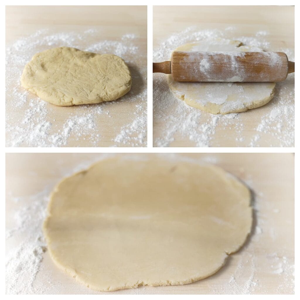 Bestuif het werkblad met bloem en rol het deeg uit tot een ronde lap, iets groter dan de diameter van de springvorm. 