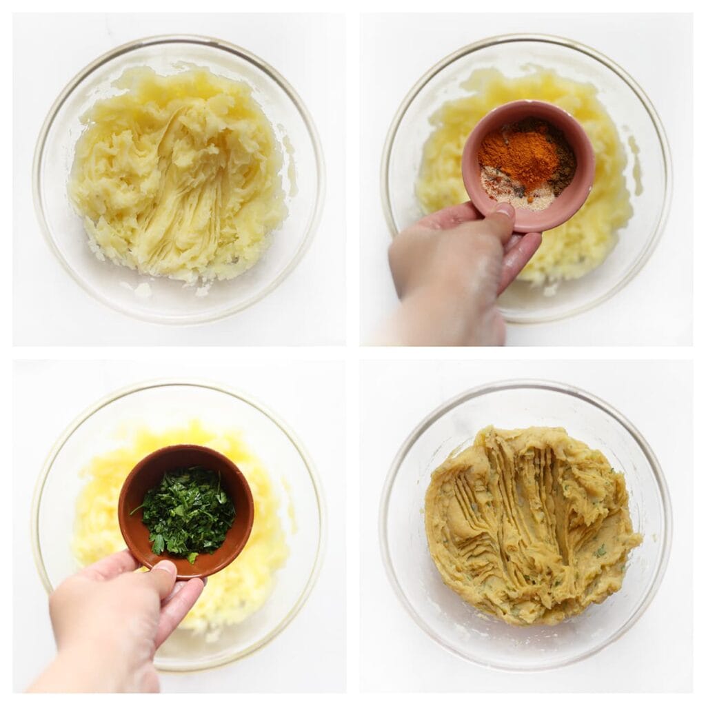 Voeg de ras el hanout, komijnpoeder, uienpoeder, knoflookpoeder, zwarte peper, cayennepeper, het zout en de peterselie toe. Meng goed.