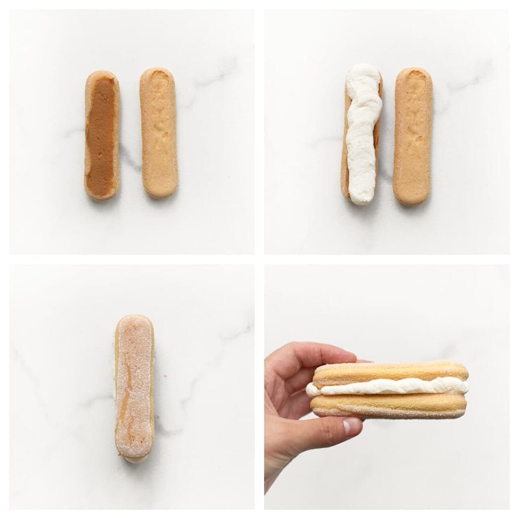 Neem een lange vinger, smeer er een dun laagje Biscoff pasta op en spuit er wat slagroom op. Dek af met een tweede lange vinger.