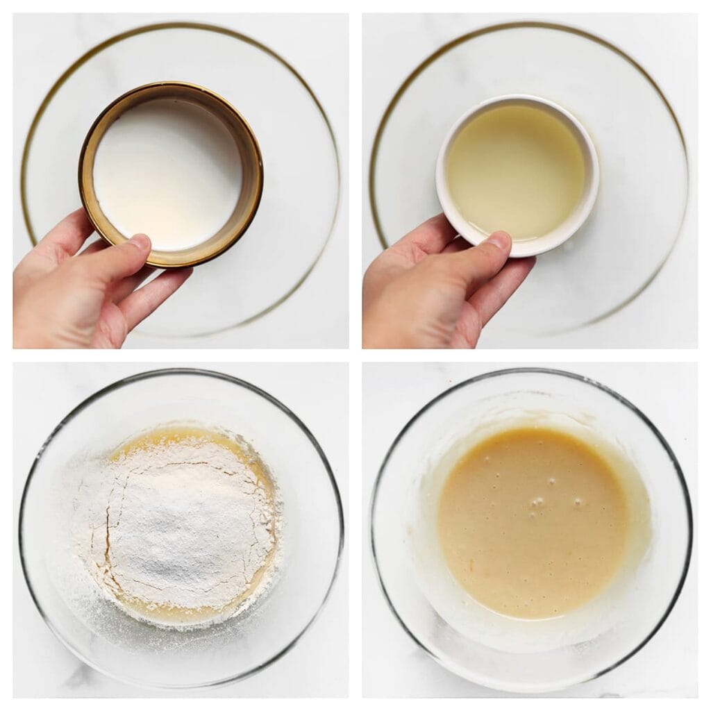 Voeg de melk en zonnebloemolie toe en mix kort door. Zeef de bloem en het bakpoeder erboven en mix nog kort tot een glad beslag.