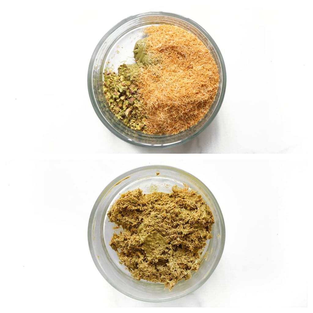 Meng de pistachepasta met de gebakken kadayif en pistachenoten tot een geheel. Zet apart.