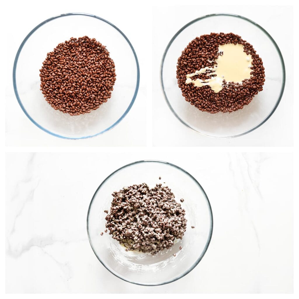 Meng de choco crisps met de gesmolten witte chocolade in een diepe kom tot een geheel.