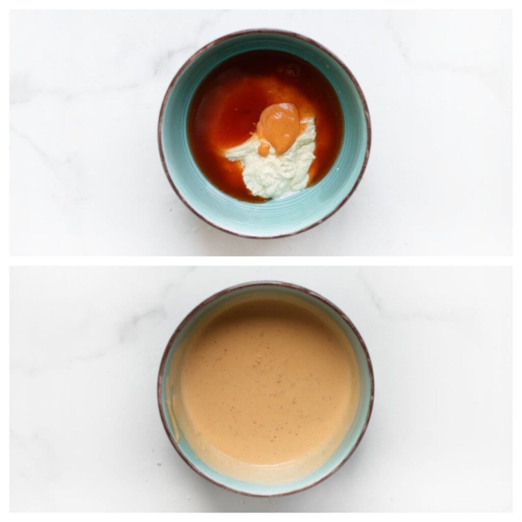 Meng de mayonaise, hot chilisaus, 50 g van de bereide hot sauce en het augurkensap (30 ml) in een kommetje tot een gladde saus.