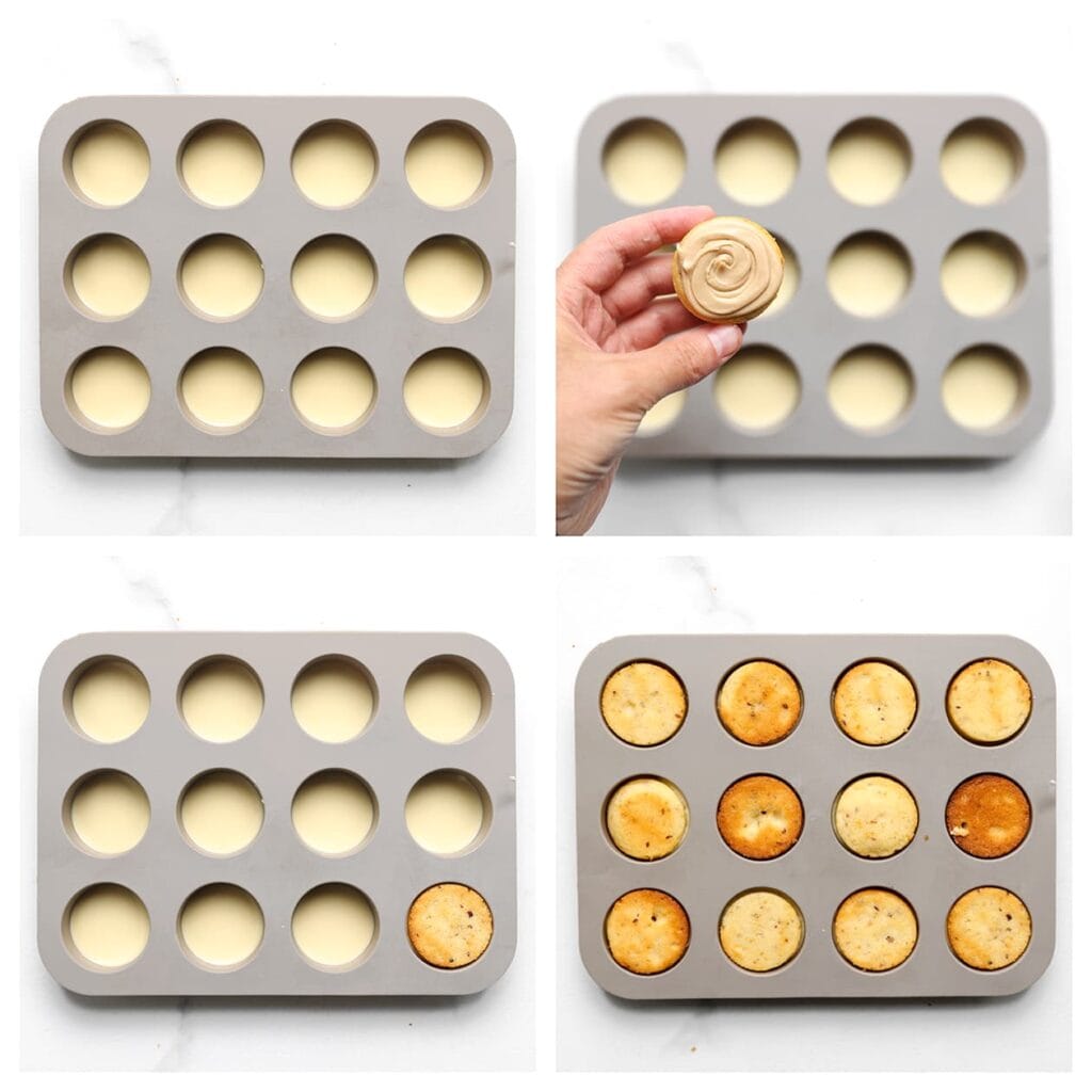 Giet een laagje in de siliconenvorm en leg er een cakeje met de hazelnootpasta naar beneden in. Laat 1 uur opstijven in de koelkast of totdat de chocolade stevig is.