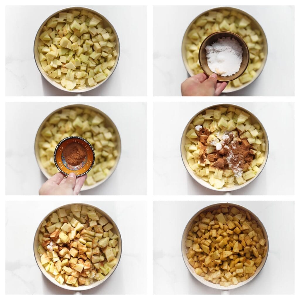 Verhit een koekenpan op middelhoog vuur en bak de appelstukjes met de kristalsuiker, vanillesuiker en kaneelpoeder 5-7 minuten, tot ze zacht zijn en licht karamelliseren. 