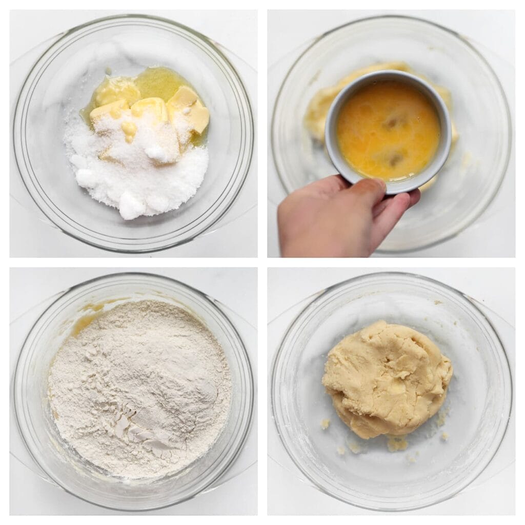 Meng de zachte roomboter met de suiker in een diepe kom. Voeg het zout, het losgeklopte ei en de bloem toe. Kneed tot een samenhangend koekjesdeeg.