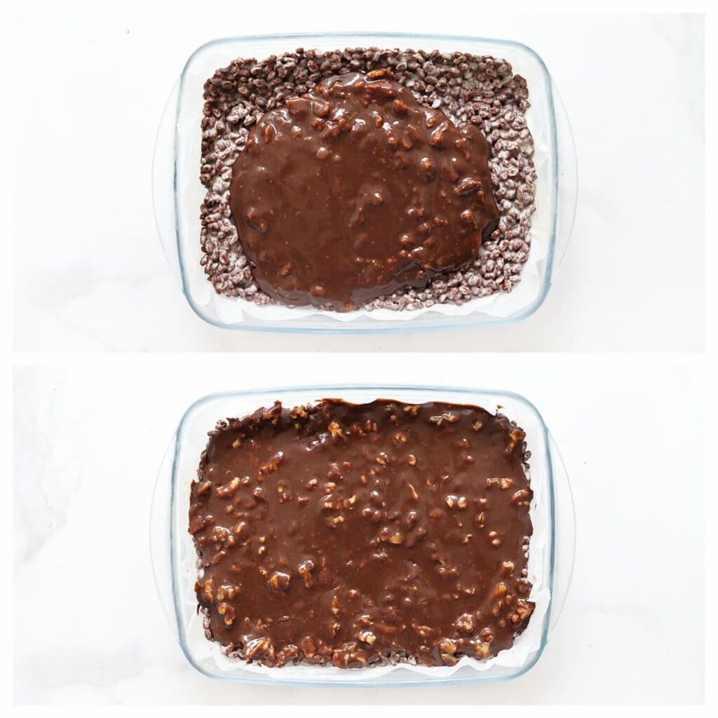 Verdeel dit mengsel over de laag met choco crisps. Dek af en zet minimaal 4–5 uur in de koelkast, liefst een hele nacht.