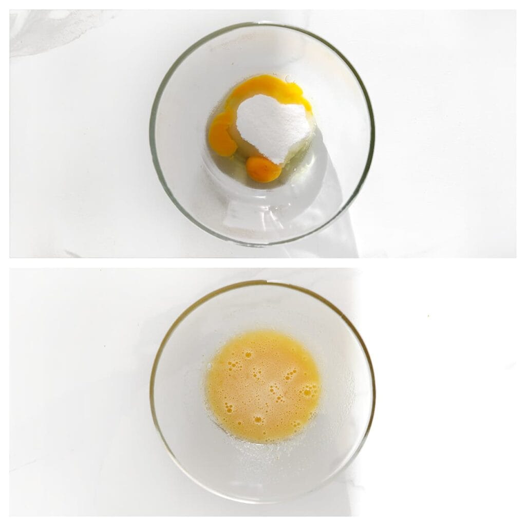 Breek de eieren boven een kom en voeg de kristalsuiker, vanillesuiker en het zout toe. Mix 4–5 minuten tot een luchtige, lichtgele massa.