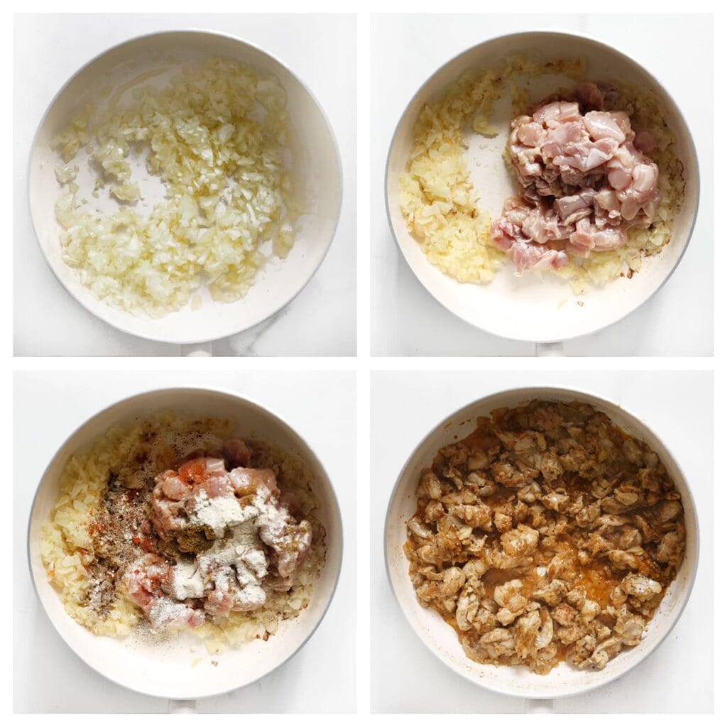 Verhit de olijfolie in een koekenpan op middelhoog vuur. Bak de gesnipperde ui 2-3 minuten. Voeg de in stukjes gesneden kippendijen toe samen met het uienpoeder, knoflookpoeder, komijnpoeder, de cayennepeper, zwarte peper en het zout. Bak 4-5 minuten tot de kip rondom gaar is.